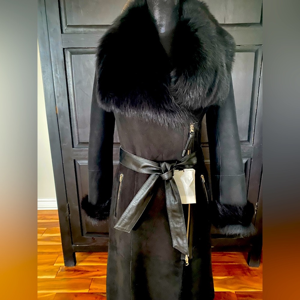 Brand new Mackage shearling coat with leather belt